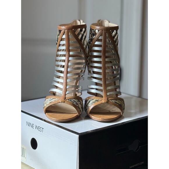 Nine West SZ 7 in Box Tan Leather 4" STILLETO Heel PEEP TOE Snakeskin Metallic - Picture 14 of 16